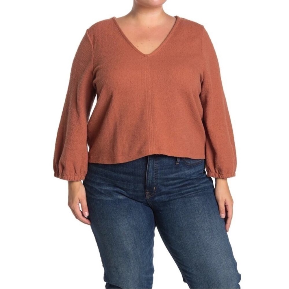 Madewell V-Neck Full Sleeve Top Shirt Blouse in Rust Orange Medium